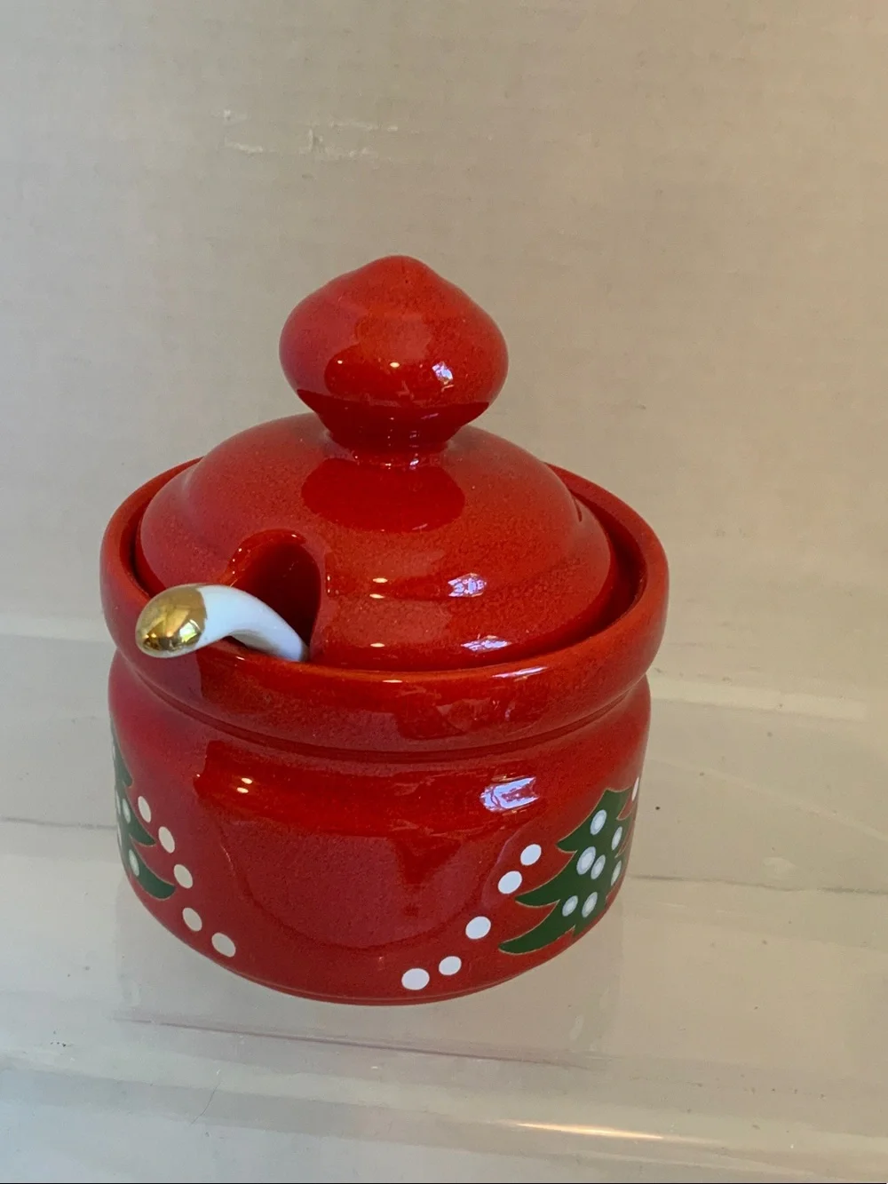 Festive Red Ceramic Holiday Sugar Jar with Spoon